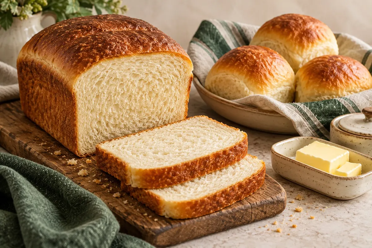 A wheat sandwich loaf and potato supper rolls