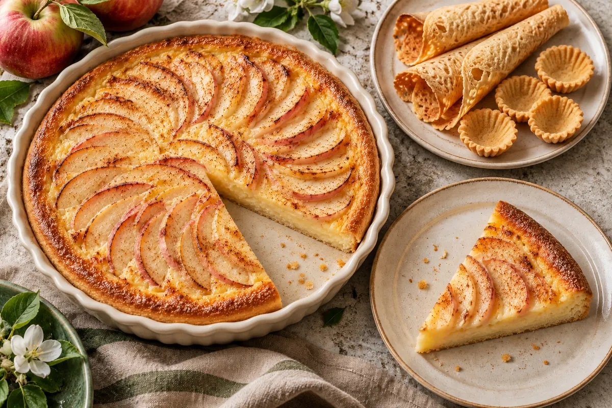 Apple kuchen, krumkake and sandbakkels on a coffee table