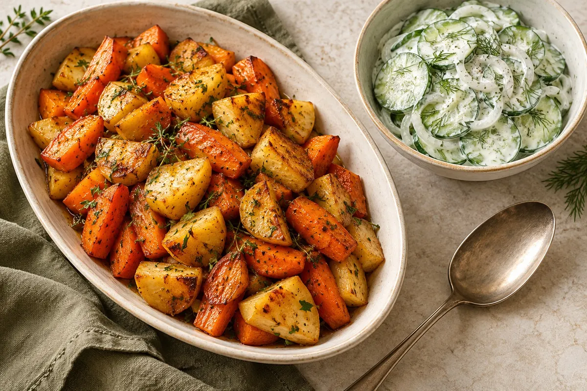 Roasted carrots and rutabaga beside a cucumber dill salad