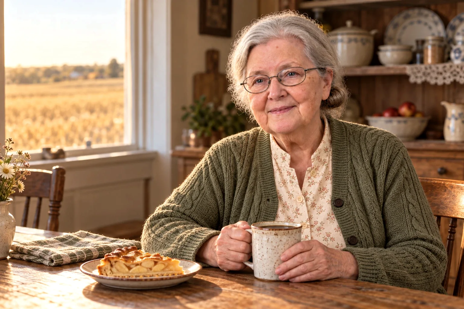 Marlys, the storyteller of Marlys of the Prairie, with a cup of coffee in a farmhouse kitchen