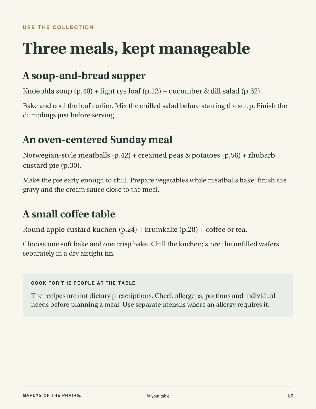 Meal plan page: three meals from the book